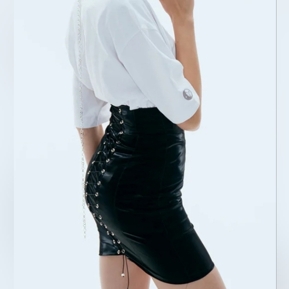 Goth, black, lace up, night out, feminine, sexy, skirt, tight, sultry, dancing,